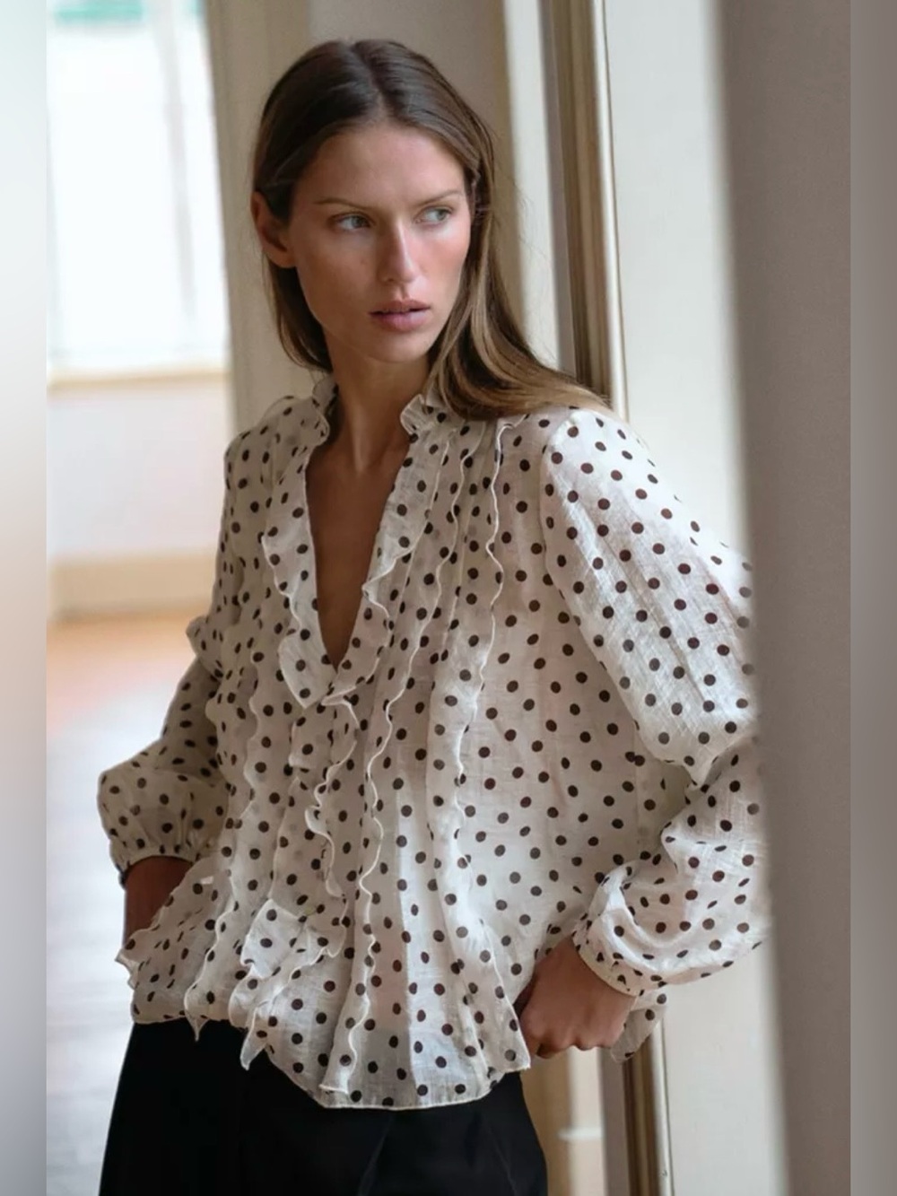 Like New Zara Cream and Brown Polka Dot Ruffle Blouse, Sz S. This season!